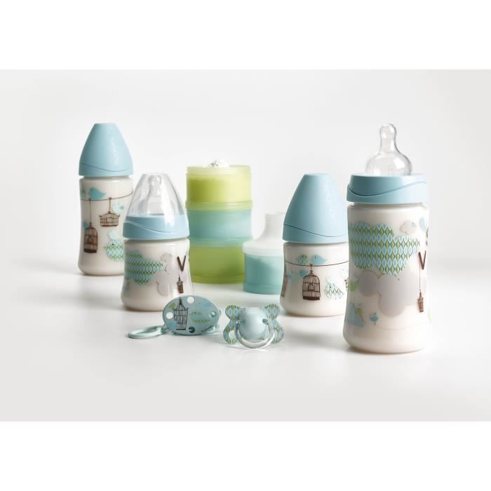 SUAVINEX Set de 4 biberons Baby avec doseur de lait et sucette avec attache 150 ml