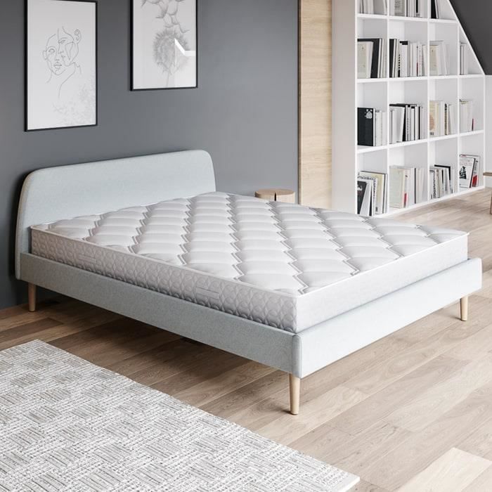 Ensemble matelas ressorts 140X190 Spring Confort + Lit gris clair + sommier à lattes - Mousse HD + Ressorts ensachés - Hbedding