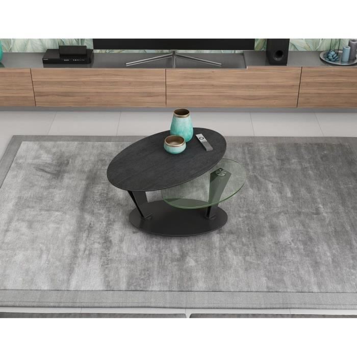 Table basse 2 plateaux pivotants ovales - céramique titane et verre - L95 x P60 x H43 cm