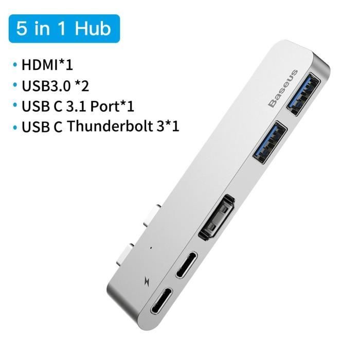 Stations d'accueil,Baseus USB Type C HUB C vers HDMI RJ45 Ethernet Multi USB 3.0 Thunderbolt 3 adaptateur - Type 5 in 1 USB HUB