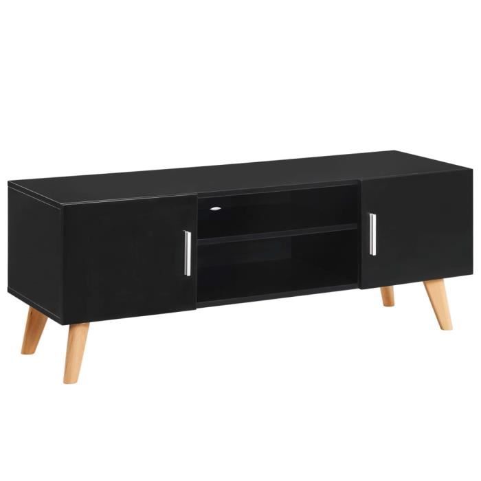 Meuble TV Moderne - Décor MDF Brillant Noir - Pieds en Bois - 120 x 40 x 46 cm