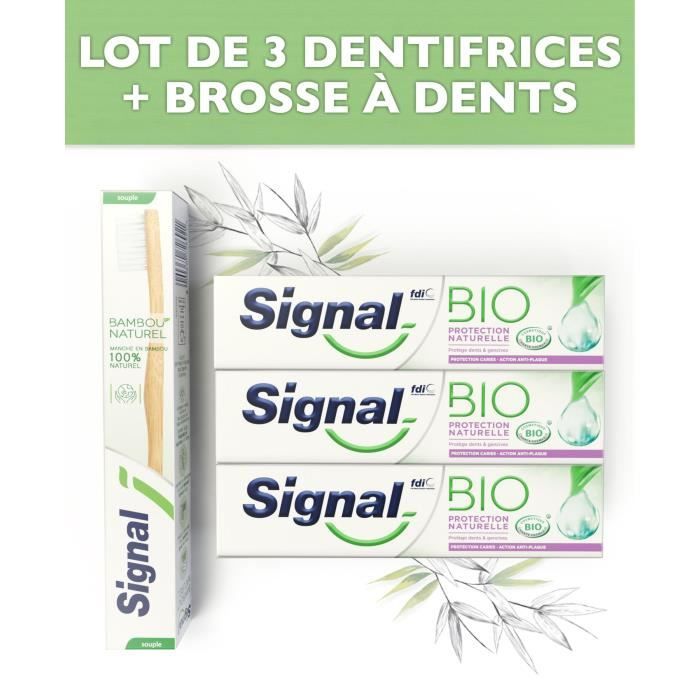 SIGNAL Pack 1 Brosse à dents + 3 dentifrices Bio Protection naturelle