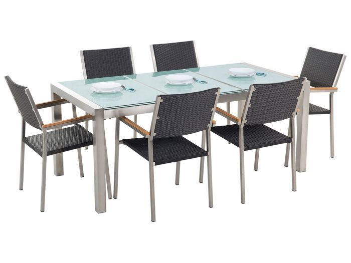 Set de jardin en rotin avec plateau en verre et 6 chaises 180 cm GROSSETO