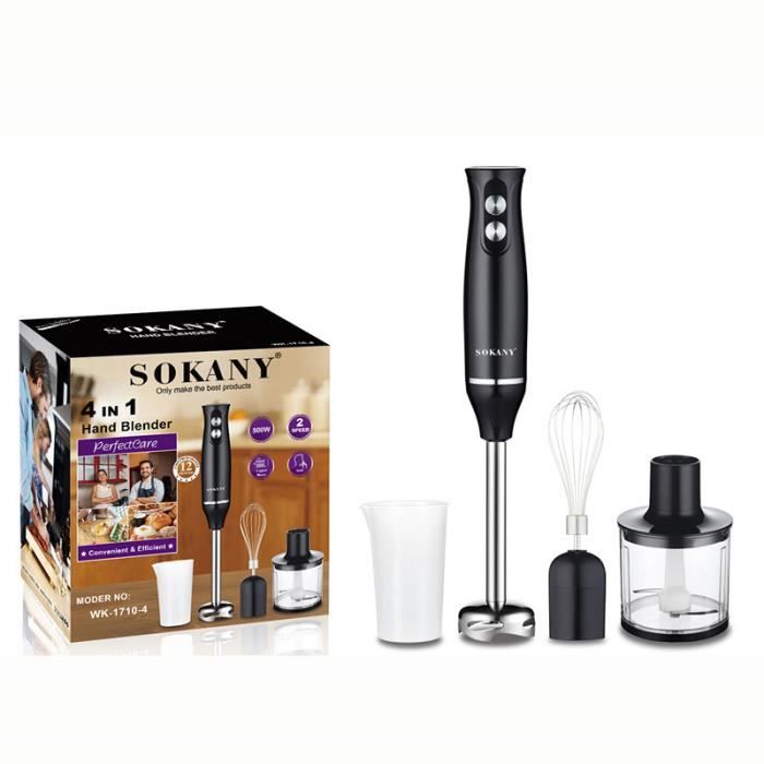 Mixeur Plongeant 500W, 4 en 1 Mélangeur à Main, Mixeur Multifonction avec Vitesse Réglable en Acier Inoxydable,Noir