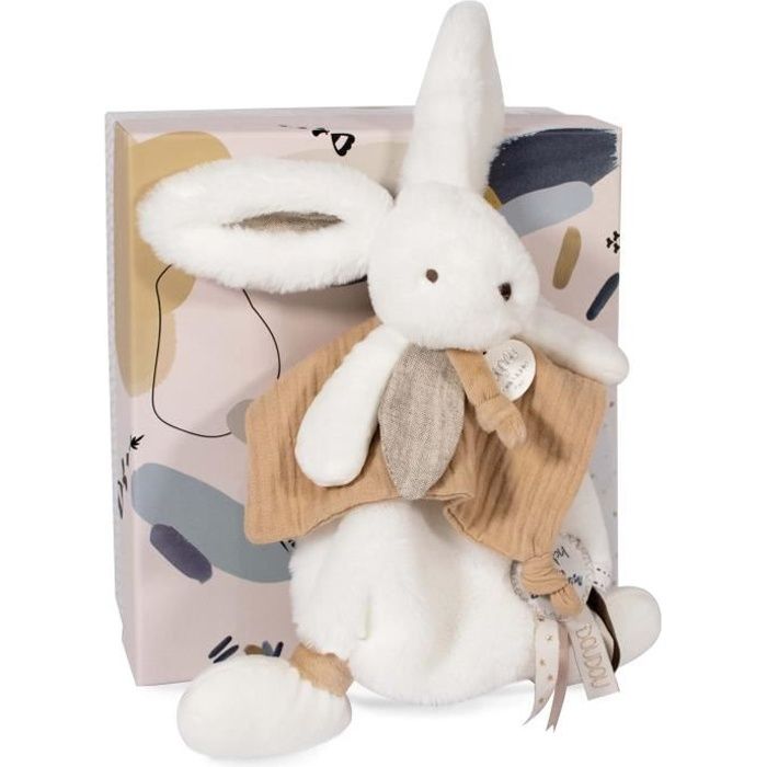 Doudou et Compagnie - Doudou Lapin - 25 cm - Blanc/Sable - Lapin Pompon Naturel - Idée Cadeau - Happy Wild - Happy Doudou To You