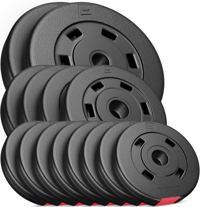 Hop-Sport Disques de Poids en Plastique 30 kg, alésage 31 mm, pour Barre d'haltères 30 mm, Musculation (2x5kg, 4x2,5kg, 8x1,25kg)