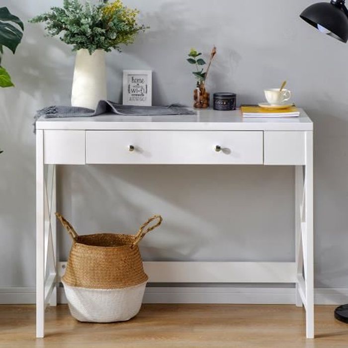Table de Console Bureau design industriel avec 1 tiroir en Bois MDF BLANC 100x48x78cm