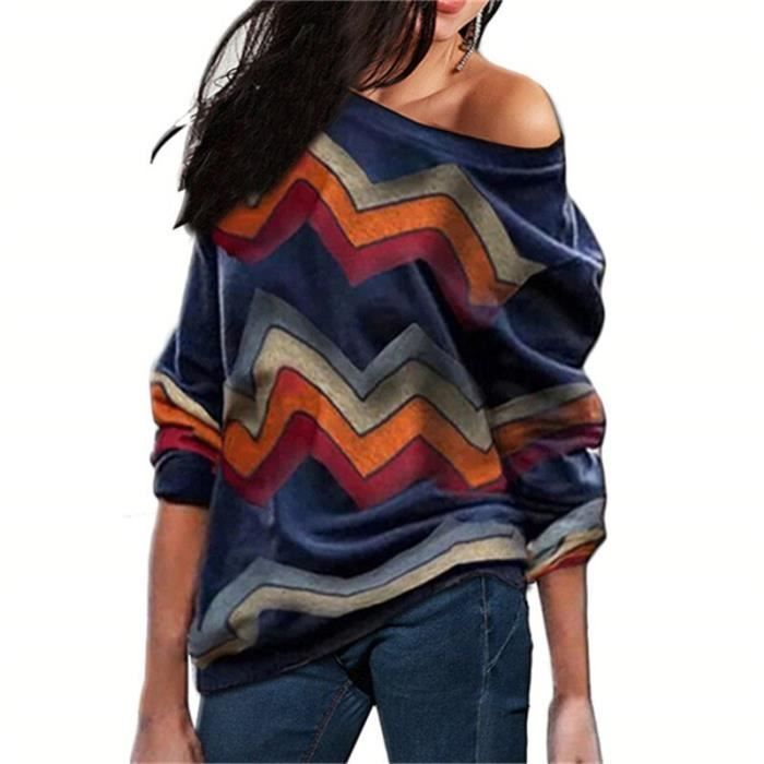 PULL,HiloRill Automne Pull Femmes 2021 Imprimé rayé Épaule Tricoté Pulls Femme Décontracté Pull Lâche Pull Pull - Type Navy Blue