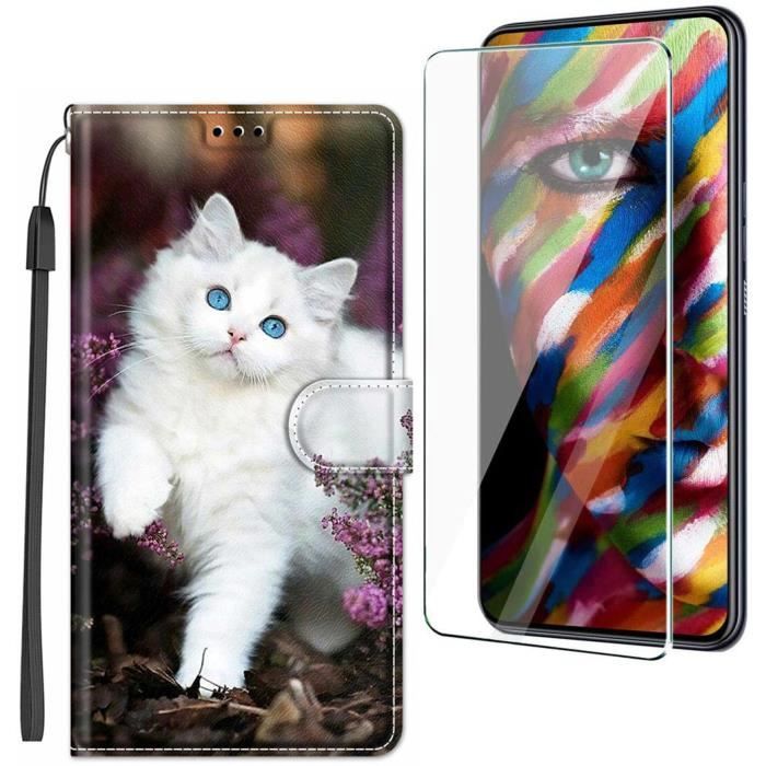 Verre trempé+ Housse Etui de luxe Portefeuille Porte Carte Et Billet pour Samsung Galaxy A22 5G 6.6-(Housse Luxe chat blanc)