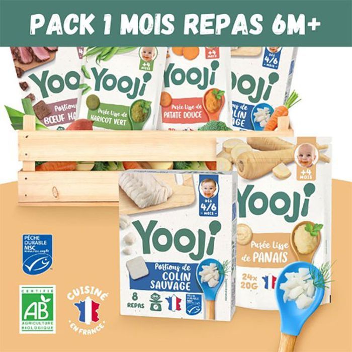 Yooji - 1 mois de repas bébé dès 6 mois - Purées lisses de légumes bio et hachés de viandes et poissons