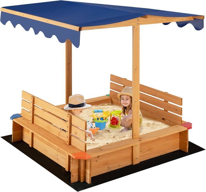 Bac à Sable En Bois Cèdre Avec Auvent - 121x121 Cm, 2 Bancs Avec Dossiers, Revêtement Inclus - Pour Jardin, Enfants 3 Ans Et Plus