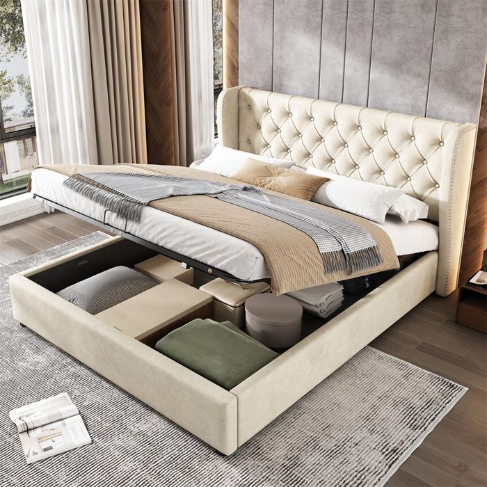 Lit coffre - SEA WALL - Chesterfield - 140x200 cm - Velours beige - Rangement hydraulique