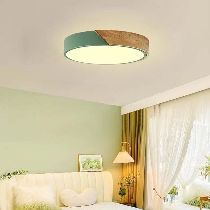 WOTTES Plafonnier en Bois Rond - LED Plafond Luminaire Moderne Pour Salon Chambre Couloir Cuisine - 30*30CM - Vert - Blanc Chaud