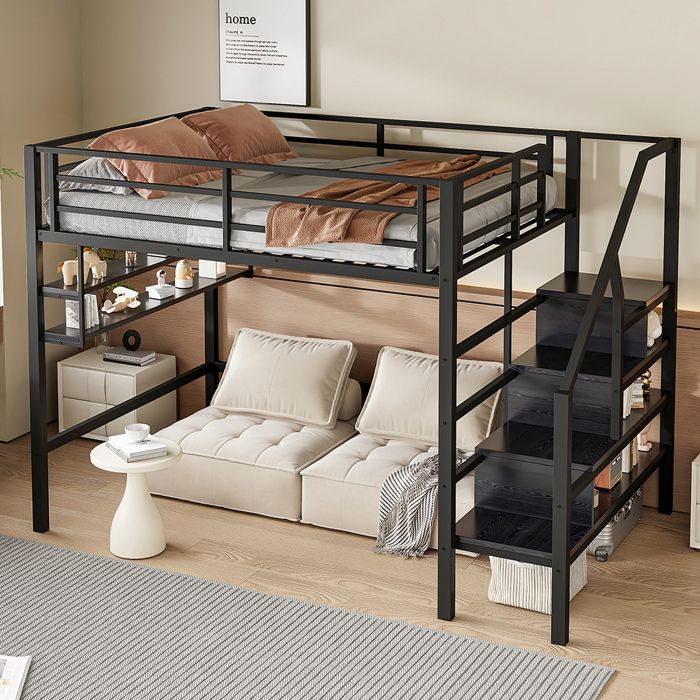 Lit mezzanine 140x200 cm étagères échelle de rangement espace libre sous le lit - SWEIKO - Noir
