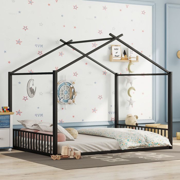 Lit Cabane Enfant 140 X 200 cm Lit a Cadre en Fer et DUn Matériau Mdf Lit Double avec Barre de Maison Sans Matelas Noir