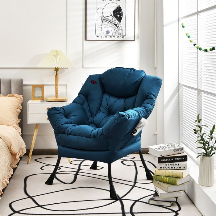 Fauteuil de Salon - RELAX4LIFE - Tissu Polyester - Cadre en Métal - Poche Latérale - Chaise de Lecture - Charge 114KG - Bleu