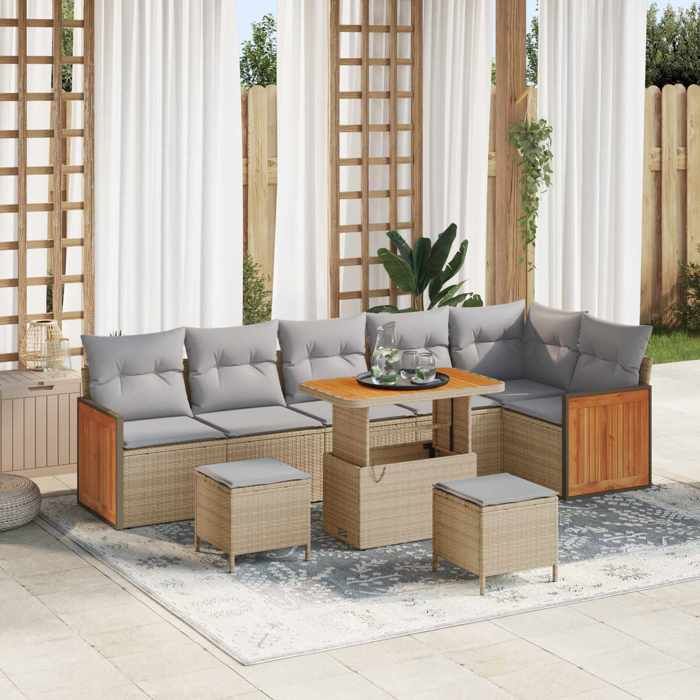 Set de canapé de jardin 9 pièces avec coussins rotin acacia Set de salle à manger de jardin 3 pièces avec coussins 3363197