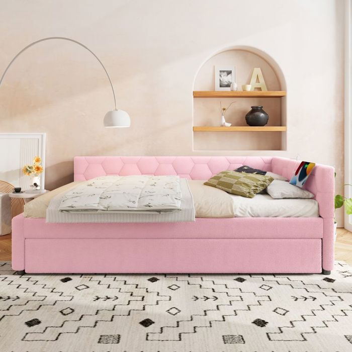 Lit de repos 140x200cm canapé-lit multifonctionnel avec sommier lattes lampe + ports USB/Type-C tissu polaire rose