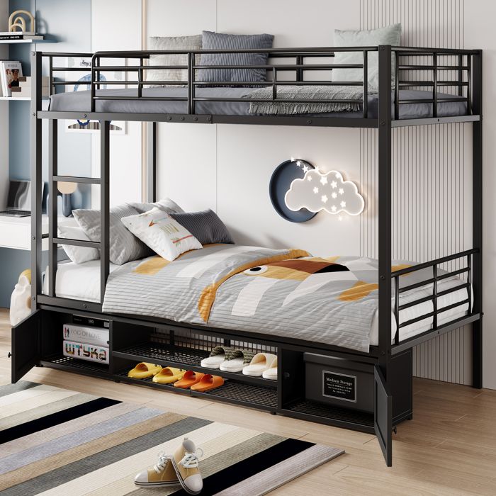 Lit Superposé - MERAX - 90x200 cm - Métal Noir - Rangement Sous le Lit - Barrière de Sécurité Lit Superposé - MERAX - 90x200 cm - Métal Noir - Rangement Sous le Lit - Barrière de Sécurité