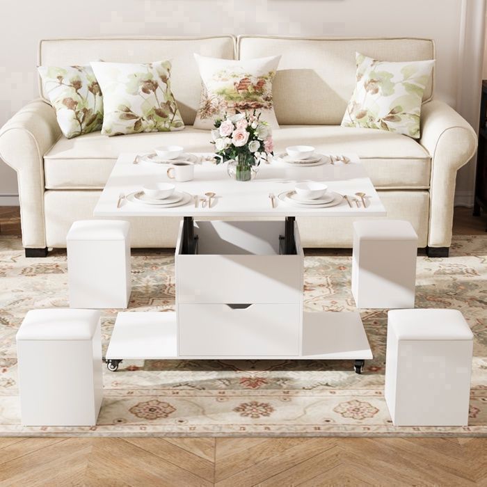 Table Basse Relevable-VOWNER -3 en 1 avec Tiroir et 4 Tabourets Transformable en Table à Manger (Blanc)