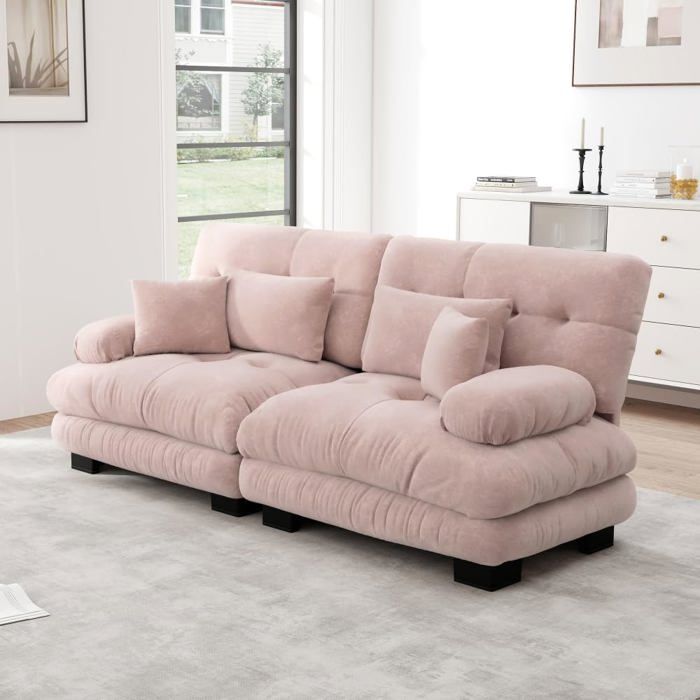 Lemonbest Canapé 2 Places en Chenille avec 2 Coussins lombaires et 2 Coussins décoratifs canapé sectionnel Cloud pour Salon Rose
