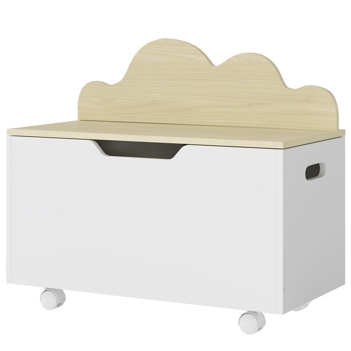Coffre à jouet enfant - AIYAPLAY - sur roulettes - couvercle rabattable - charnières de sécurité - MDF - 59 x 30 x 53 cm - blanc