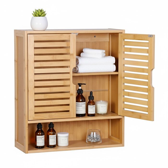 Relaxdays Armoire murale salle de bain 3 compartiments H x L x P : 66 x 59 x 21 cm portes à lamelles.