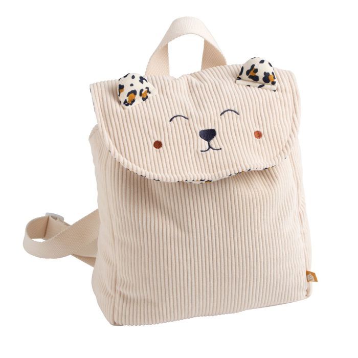 Petit sac à dos maternelle - LEOPARD - velours côtelé écru - doublure motifs léopard - rabat auto-agrippant