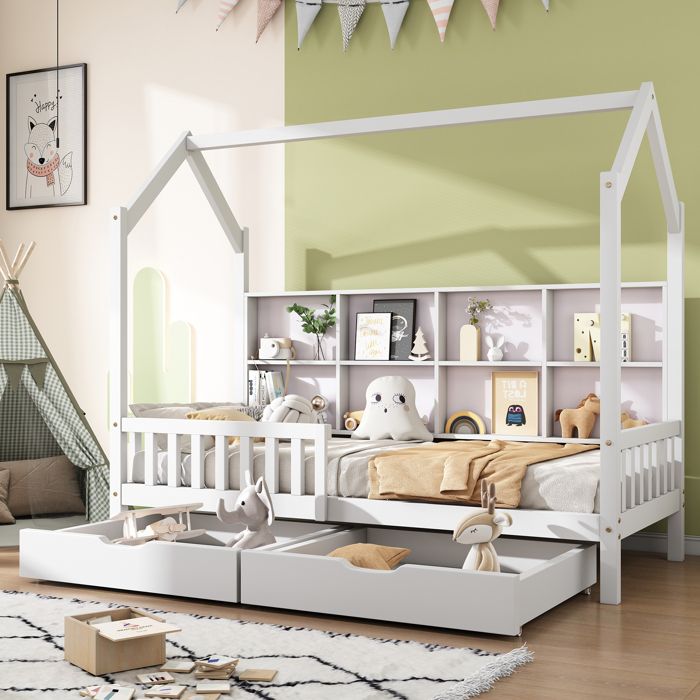Lit cabane enfant 90 x 200 cm avec 8 grille de rangement et deux tiroirs Lit Montessori enfant cadre en pin avec sommier à lattes