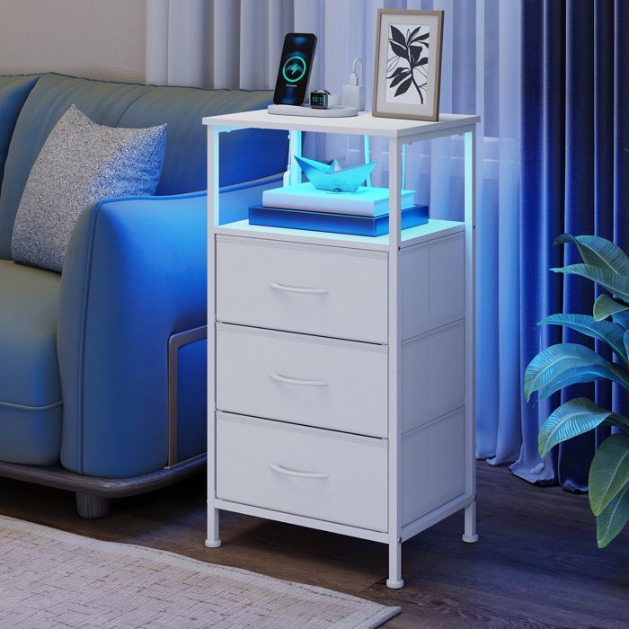 Table de Chevet avec Éclairage LED et Multiprise 3 Tiroirs et 1 Compartiment Ouvert Blanc