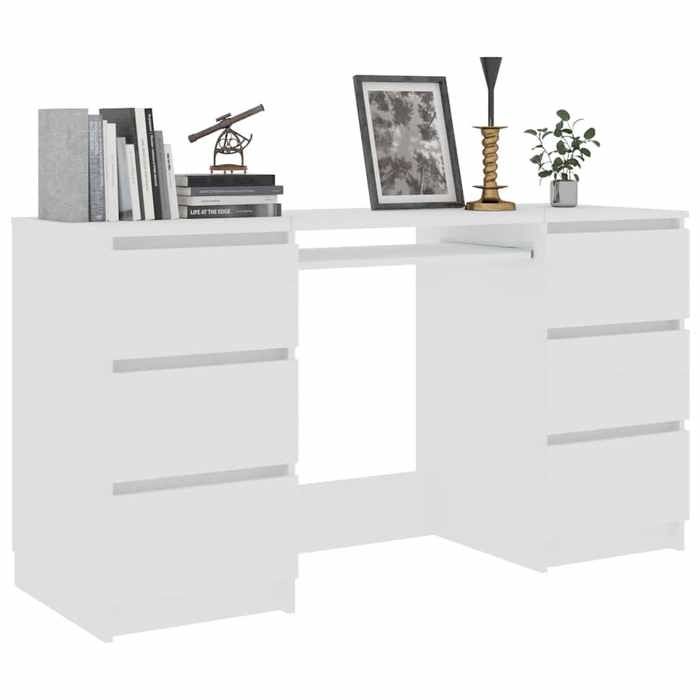 Bureau en bois dingénierie - CLARENCE - Blanc - 140x50x77 cm - 6 tiroirs - Facile à nettoyer - Assemblage requis