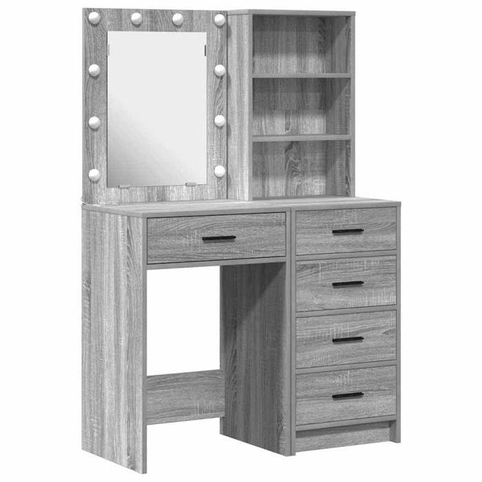 Coiffeuse en bois dingénierie - vidaXL - Gris - 50x41x135 cm - Bandes LED intégrées - Avec tiroir - Avec étagère