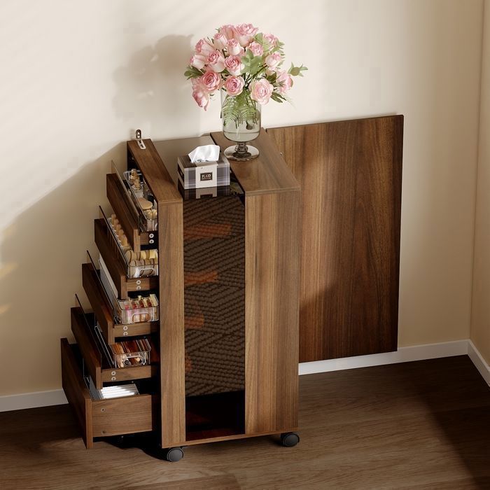 Chiffonnier Vitré avec 5 tiroirs devant et étagères au dos Petite Commode à Roulettes Chambre et Salon 40x40x81 Marron
