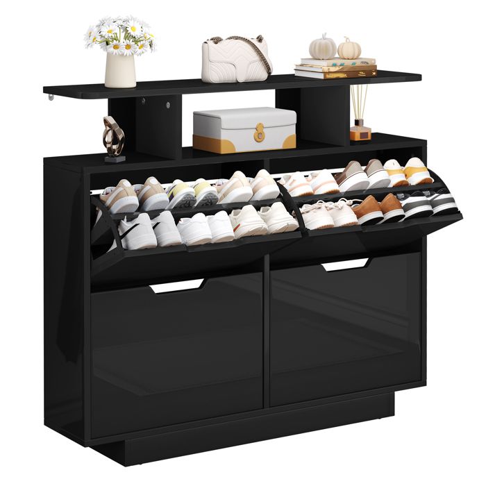 Meuble à chaussures BALCONERA pour 24 paires avec 4 tiroirs rabattables noir 120 cm (L) x 24 cm (P) x 106 cm (H)