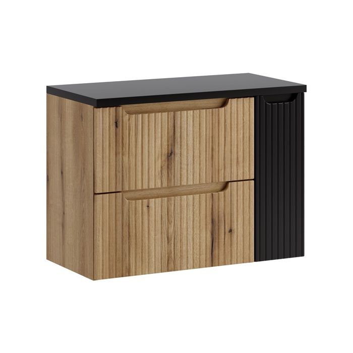 3E Meuble Salle De Bain Noir Avec Poignées Dorées – 80x57x46 Cm, 2 Tiroirs, Style Moderne Loft, Rangement Serviettes Et Accessoires