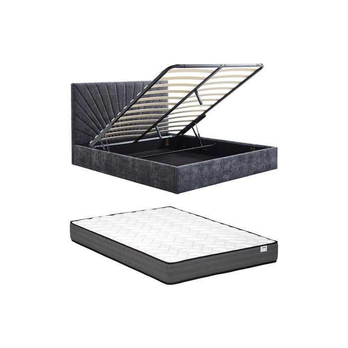 Lit coffre 140 x 190 cm - Tissu texturé – Gris anthracite + Matelas - RIBIOLA