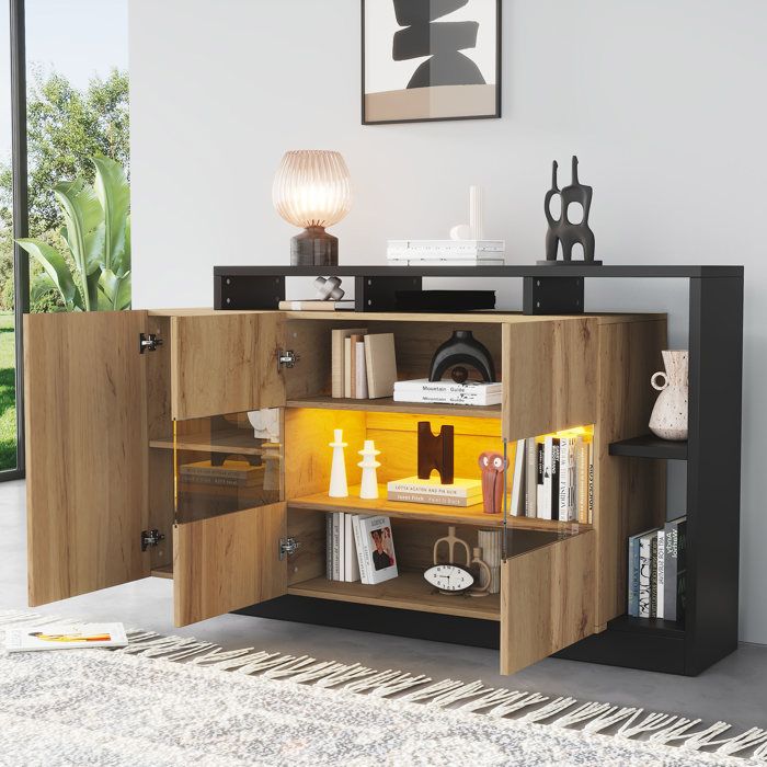 Buffet LED 140x44x94cm 3 portes meuble de rangement commande Bluetooth MDF+Acrylique naturel