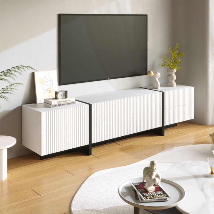 Meuble TV - 190 cm - Blanc et noir - 3 portes 2 tiroirs - MDF fermetures douces