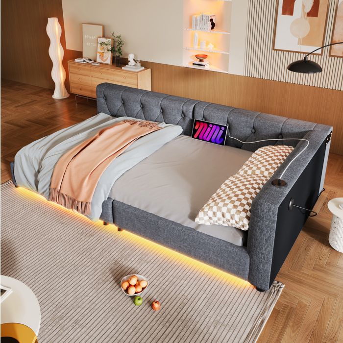 Lit banquette 90x200 cm avec LED 7 couleurs USB et Type-C sommier à lattes lin gris pour chambre