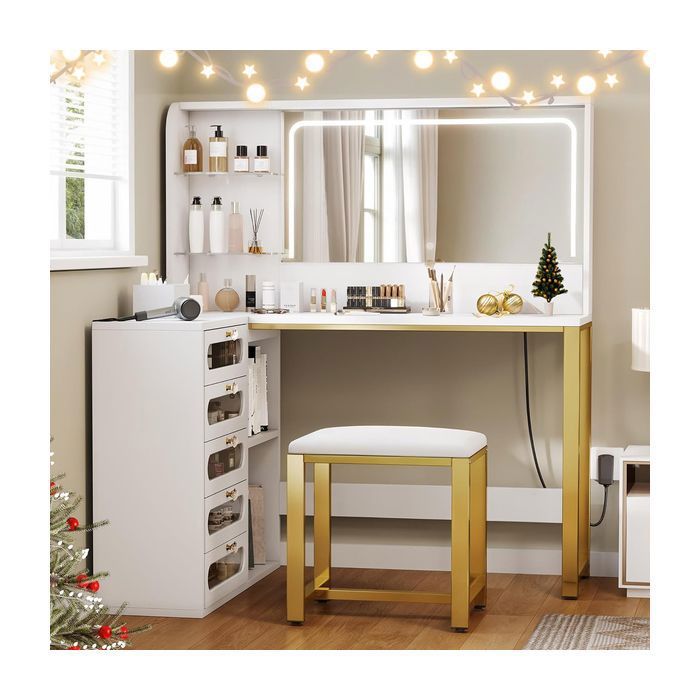ADWOLT Coiffeuse dAngle en L avec Miroir Lumineux LED 5 Tiroirs & Étagères Tabouret Inclus 120x80x135cm Blanc et Or