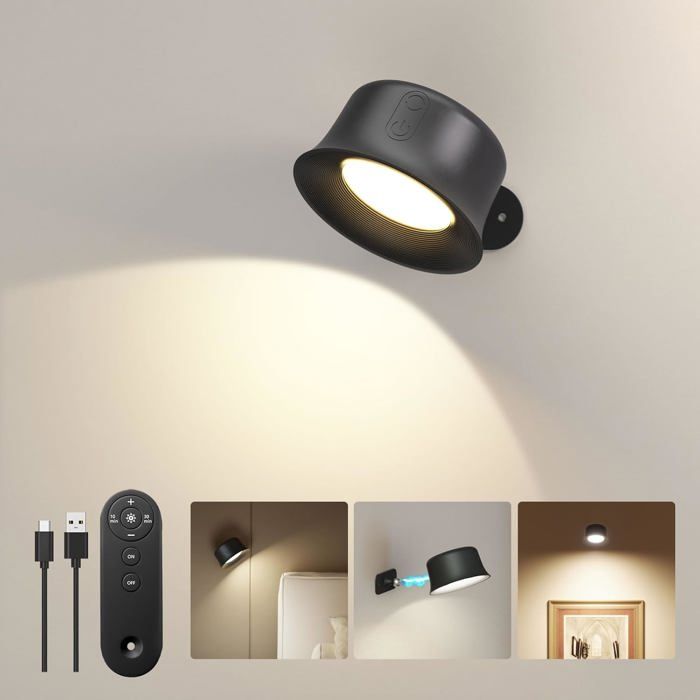 Lampe Murale LED sans fil Rechargeable - Rotation 360° & Télécommande Tactile - Pour Salon et Chambre Noir 1 Pièce