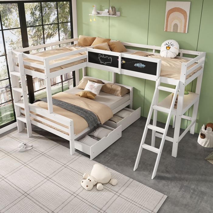 Lit mezzanine enfant 3 places 140×200 cm et 90×200 cm bureau et tiroirs - YEAVIO - sans matelas bois massif - blanc et chêne
