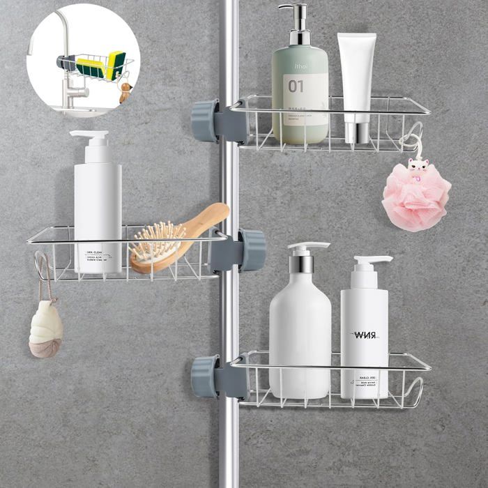 Porte Savon Sans Perçage3 Étagère Douche InoxSupport de Douche en Acier InoxydableSupport de Douche Réglable en Hauteur