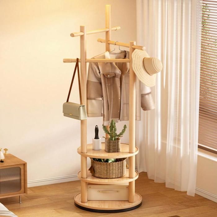 Porte-manteau sur pied en bois-MENGDA-Avce 3 étagères-360°Rotatif-pour vêtements chapeaux