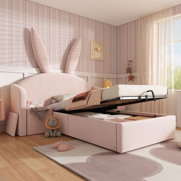 Lit coffre - Becag - Lit simple enfant 90x190 cm avec rangement - Lit rembourré avec sommier à lattes Velours Rose