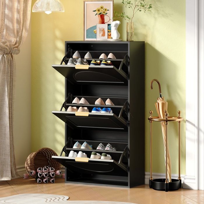Meuble à chaussures étroit 60 cm noir 3 portes rabattables Pour entrée et salon Meuble à chaussures étroit 60 cm noir 3 portes rabattables Pour entrée et salon