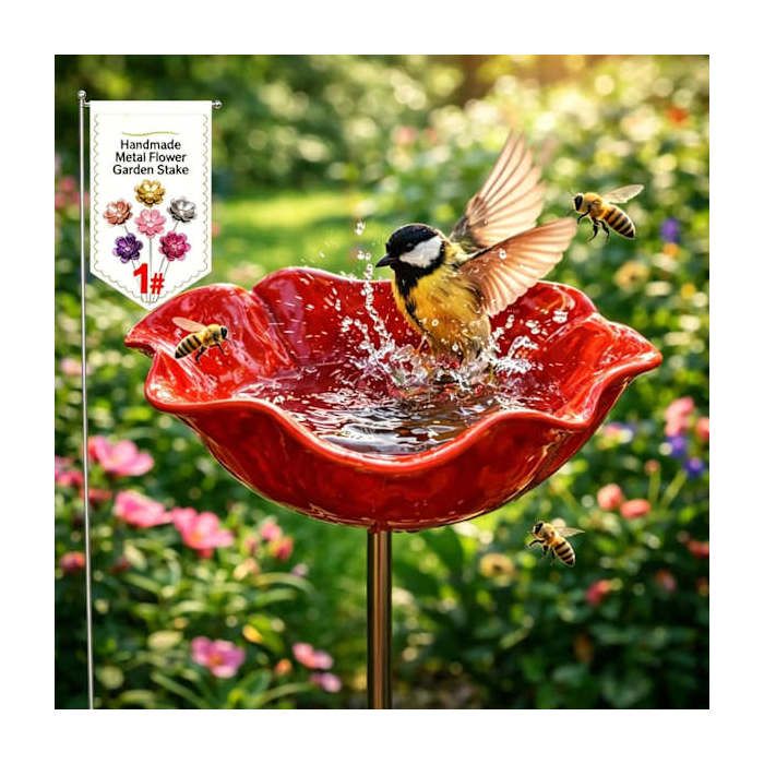 Bain doiseaux sur tige fleur en métal rouge abreuvoir de jardin pour oiseaux et pollinisateurs déco extérieur