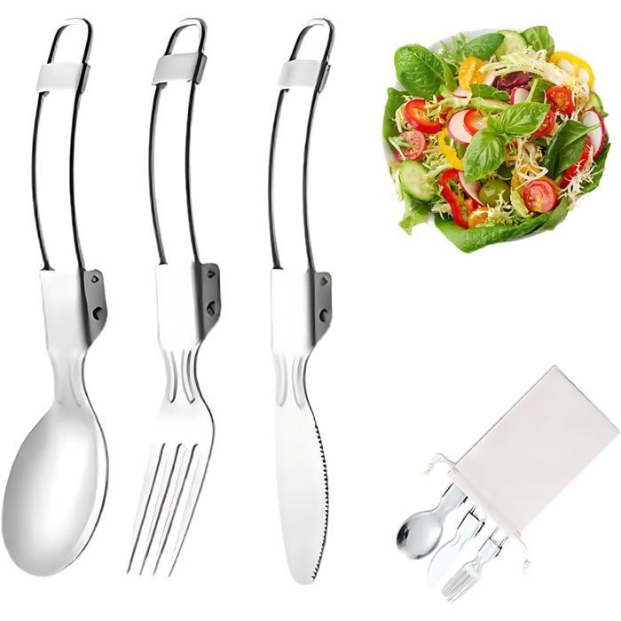 3pcs Vaisselle Pliante en Acier Inoxydable Couvert Camping Multifonction idéal pour randonnée pique-nique et voyage - Argent-3pcs