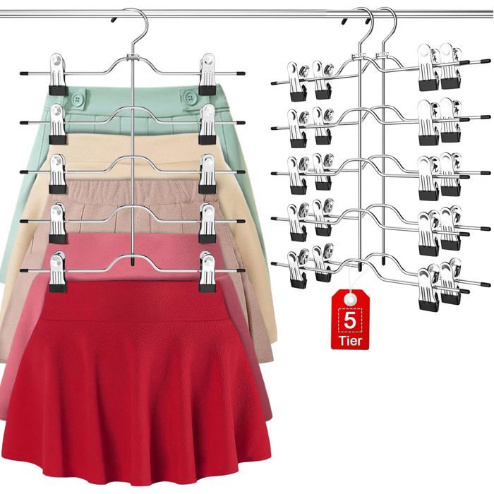 Cintres à pinces 5 niveaux gain de place 2 pièces pour jupes et pantalons rangement armoire antidérapant