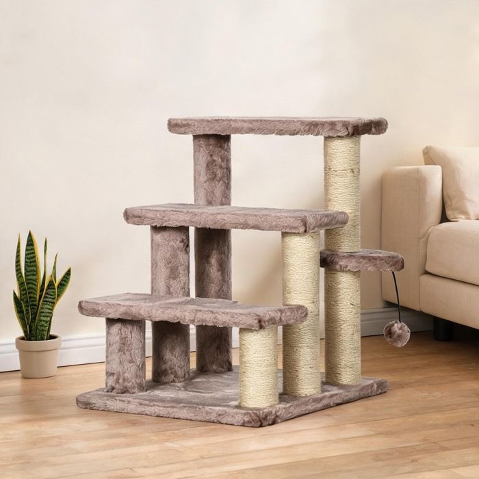 Arbre à chat avec escalier 3 marches plateforme et balle bois et jute classic brown 45x40x48 cm